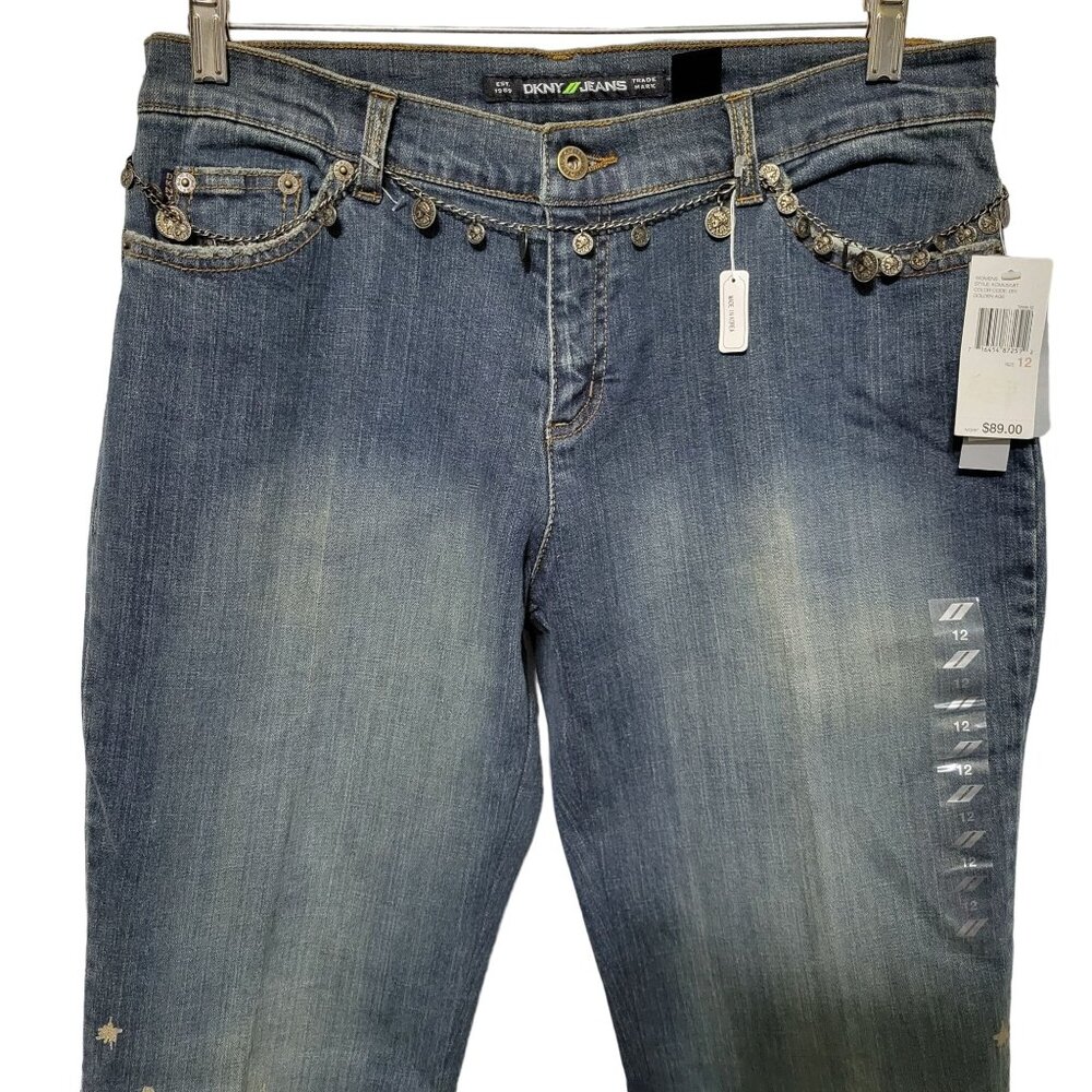DKNY NWT Size 12 Jeans Denim Gold Glitter So Low Lita Chain Belt Boot Distressed - Picture 5 of 16